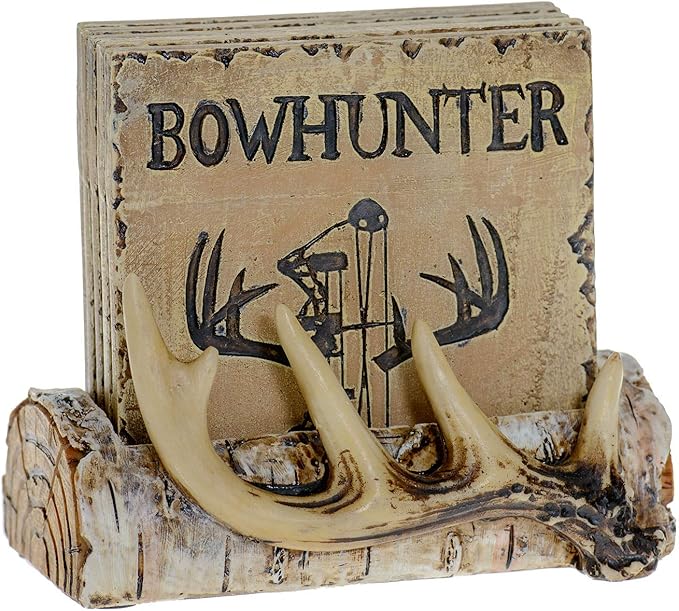 Pine Ridge Home Antler Wood Log Coaster Set with Holder - Bow Hunter Country Absorbent Coaster - Cabin Lodge Home Decor for Hunter Men - Man Cave Coasters Rustic Wood Decor Accent