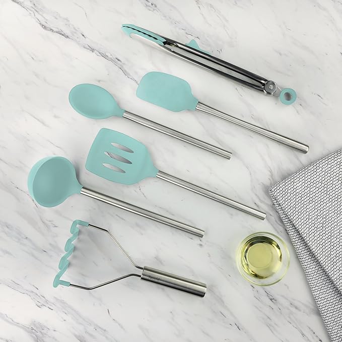 Tovolo Silicone Cooking Utensil Set of 6 Stainless Steel Handle Ladle Slotted Turner Tongs Flex Core Spatula Scraper Mixing Spoon & Masher, Dishwasher Safe BPA Free Utensils, Aqua Seafoam Green
