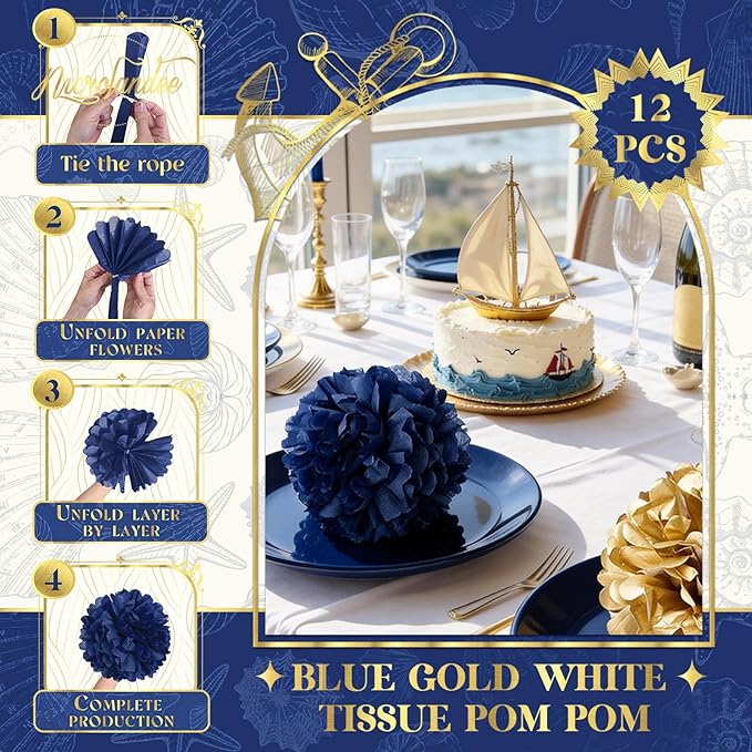 NICROLANDEE Wedding Party Decorations - 12 PCS Navy Blue and Gold Tissue Paper Pom Poms for Colleage Graduation, Baby&Bridal Shower, Birthday, Bachelorette Party, Engagement Party, Anniversary Party