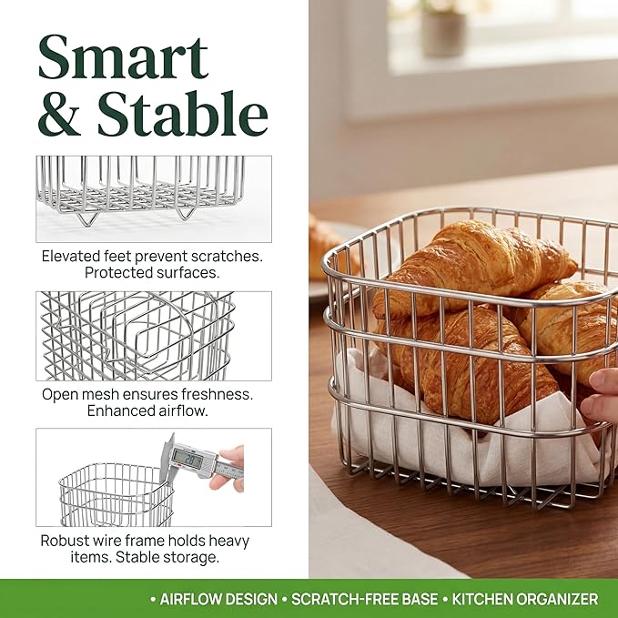2 Pack Stainless Steel Wire Fruit Basket, 5.3 x 5.3 x 4 In Kitchen Countertop Drain Fruit Bowl, Wire Mesh Colander, Metal Food Storage Organizer for Fruit Vegetable Bread Snack Bathroom