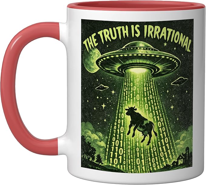 UFO The Truth Is Irrational Cow Abduction 3.14 Math Pi Day Ceramic Mug, Red/White