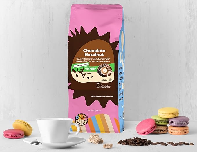 Crazy Cups Flavored Decaf Ground coffee, Hazelnut Coffee Flavored Ground Coffee, Decaffeinated Coffee For Brewing Decaf Coffee Ground Hot or Iced, 10 oz Bag