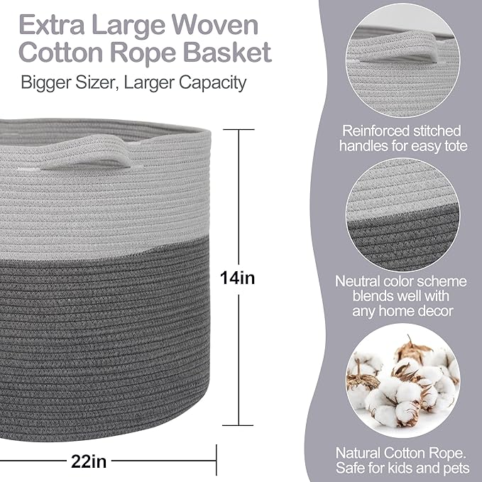 MEGASKET Extra Large Rope Basket, XXXL Woven Storage Basket, Large Blanket Storage for Living Room, Kids Room Toy Organizer Bin, Dog Toy Stuffed Animal Basket, Pillow Throw Blanket Holder, 22"x14"