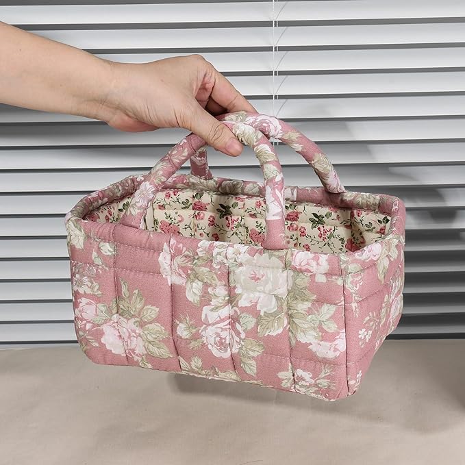 Quilted Fabric Storage Basket Floral Baby Diaper Caddy Quilted Basket for Nursery Bedroom Car Storage
