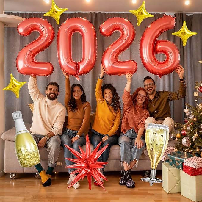 Red 2026 Balloons, 40 Inch Number 2026 Red Foil Balloons, Red and Gold Star Balloon with Champagne Bottle Glass Balloon for Happy New Years Eve Party Supplies 2026 Class of 2026 Graduation Decorations