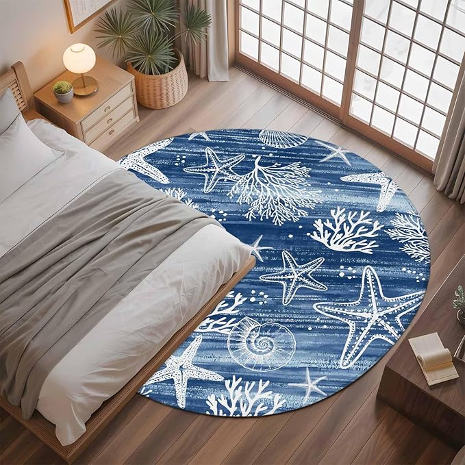 Navy Blue Coastal 3ft Round Rug, Ocean Coral Starfish Non-Skid Rubber Backing Large Area Rugs - Living Room Bedroom Home Office, Summer Beach Indoor Floor Mat Carpets Washable Rug
