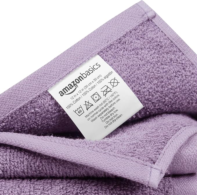 Amazon Basics Highly Absorbent, Fast Drying 100% Cotton Washcloths for Bathroom, Machine Washable, 12 x 12 inches, Lavender, 24-Pack