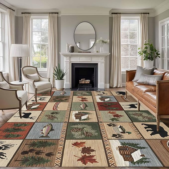 Area Rug 6x9ft, Vintage Bear Forest Deer Fish Village Washable Rugs for Living Room Bedroom, Retro Wildlife Themes Soft Non-Slip Area Rugs Rectangle Floor Carpet for Dining Room
