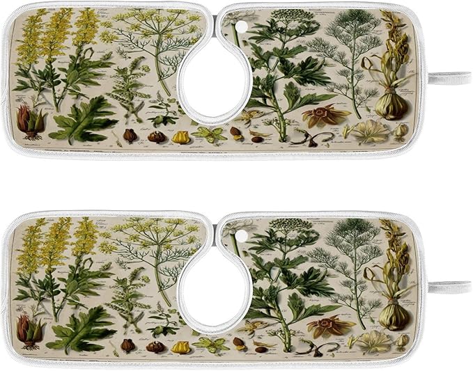 Kitchen Faucet Absorbent Mat, Antique Botanical Water Splash Guard for Sink, Faucet Drip Catcher Thicken Sponge Microfiber Faucet Water Catcher Mat Sink Absorbent Mat for Kitchen 30x5in 2 Pack