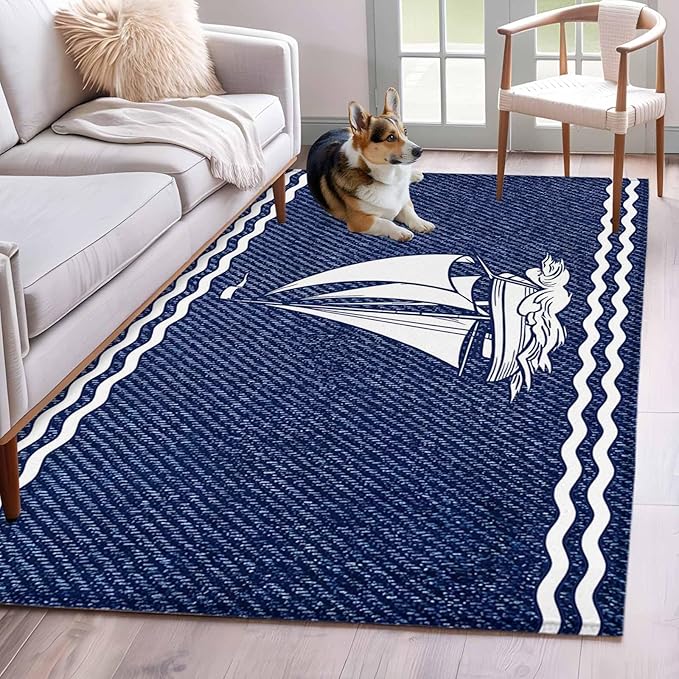 Area Rug 4x6ft, Nautical Sailing Boat on Steel Blue Washable Rugs for Living Room Bedroom, Vintage Water Waves Soft Non-Slip Area Rugs Rectangle Floor Carpet for Dining Room