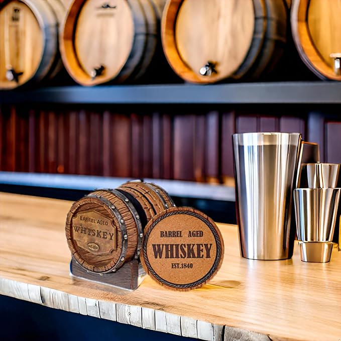 Pine Ridge 5pcs 1840 Aged Whiskey Barrel Drink Coaster Set with Holder - Rustic Bar Coasters for Whiskey Table & Bourbon Room - Unique Bar Accessories for Man Cave - Beer & Whiskey Glass Coaster