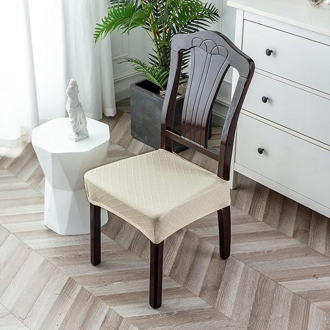 Genina Waterproof Seat Covers for Chairs,Set of 4 Dining Room Chair Seat Covers for Kitchen,Stretch Jacquard Removable Washable Dining Chair Slipcovers Protectors,No Rear Covers, Beige