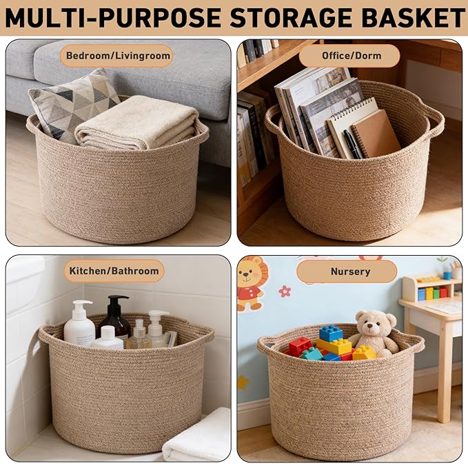 65L Large Blanket Basket,Woven Rope Laundry Basket Hamper with Handles,Decorative Nursery Basket Storage Bin for Toys, Pillows , Clothes Organizer, Living Room, Bedroom, Bathroom, Brown