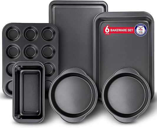 Baking Set – 6 Piece – Deluxe Non Stick Black Coating Inside and Outside – Carbon Steel Bakeware Set – PFOA PFOS and PTFE Free by Bakken