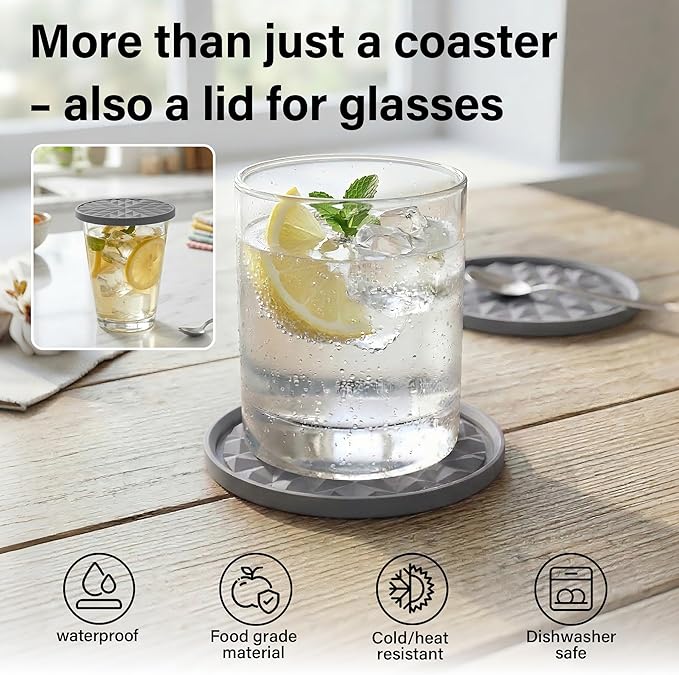 Silicone Coasters for Drinks[4 Pack]- Cup Mat for Tabletop Protection-Non-Slip, Non-Stick, Coffee Table Decor, Housewarming or Hostess Gift, Dark Grey