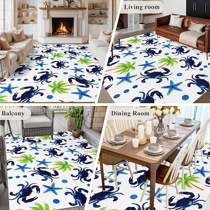 Area Rug 6x9ft, Abstract Blue Crab Starfish Washable Rugs for Living Room Bedroom, Watercolor Palm Tree Soft Non-Slip Area Rugs Rectangle Floor Carpet for Dining Room