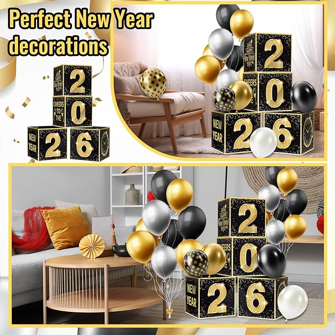 New Years Eve Party Supplies 2026 Balloon Box Kit Gold and Black New Years decorations for 2026 Happy Eve Party Decoration Supplies