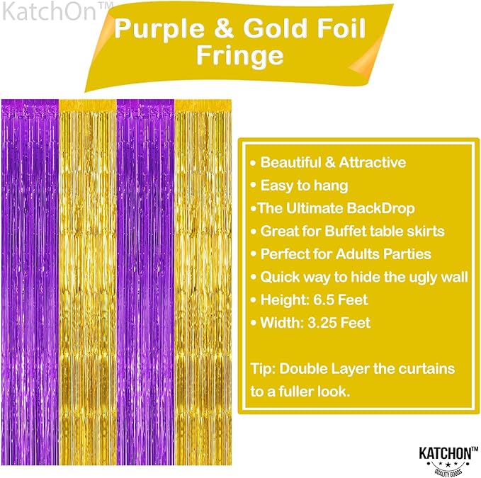 KatchOn, Purple and Gold Fringe Backdrop - 3.25 x 6.5 Feet, Pack of 2 | Purple and Gold Foil Fringe Curtain for Graduation Decorations 2026 | 2026 Graduation Party Decorations