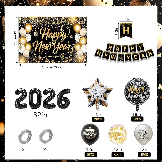 New Years Eve Party Supplies 2026 Set, Black and Gold Happy New Year Banner Decorations Backdrop 2026 Balloon Numbers New Year Foil Balloons for New Years Eve Party Supplies