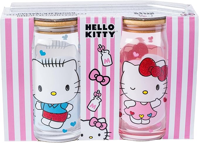 Silver Buffalo Sanrio Hello Kitty and Friends Glitter 2 Pack Glass Tumbler with Bamboo Lid and Glass Straw Set Featuring Hello Kitty and Dear Daniel, 16 Ounces