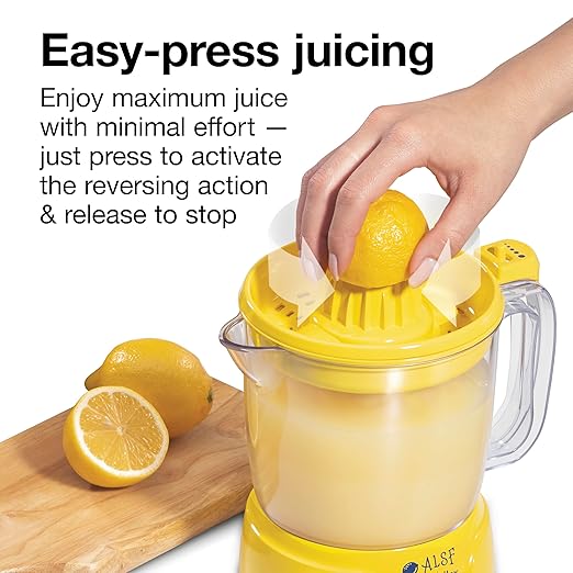 Proctor Silex Alex's Lemonade Stand Electric Citrus Juicer Machine, Large 34 oz. Pitcher, Pressure Activated, for Lemons, Limes and Oranges, 34 oz, Includes 2 Reamers & Recipe Book, Yellow (66341)