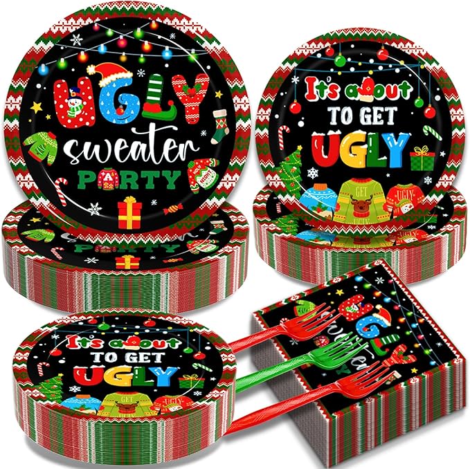 200Pcs Christmas Ugly Sweater Party Plates, Red and Green Ugly Xmas Sweater Party Decorations Supplies Winter Holidays Family Gathering Birthday Party Tableware Disposable Dinnerware Set , Serves 50