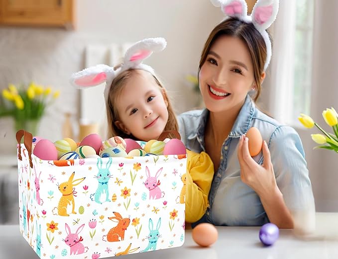 Large Rectangular Easter Baskets Empty Waterproof Boy Toy Box Foldable Kid's Gifts Storage Bin Spring Room Decor(Flower Rabbit Egg)