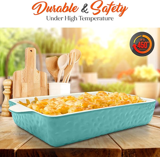 NutriChef 3-pc Casserole Dish Set for Oven, Ceramic Lasagna Baking Dishes, Deep Serving Dish with Handles - Aqua, (14.7"/ 10.8"/ 7.9")