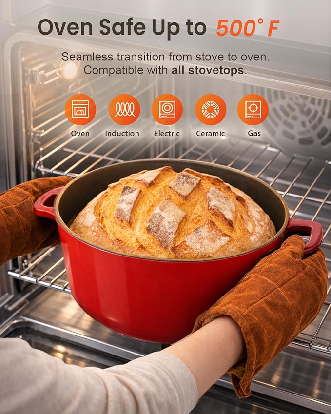 Nuwave 6QT LUX Healthy Enameled Cast Iron Dutch Oven Pot with Lid, Heavy Duty 7-Layer Enamel, Enhanced Rust Protection, Dual Handles, Oven Safe to 500°F for Sourdough Bread Baking, Braise, Stew, Roast
