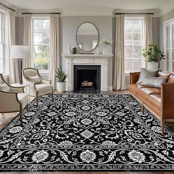 Area Rug 9x12ft, Paisley Vintage Black Floral Washable Rugs for Living Room Bedroom Rectangle Floor Carpet, Classic Flower Texture Soft Non-Slip Area Rugs for Dining Room