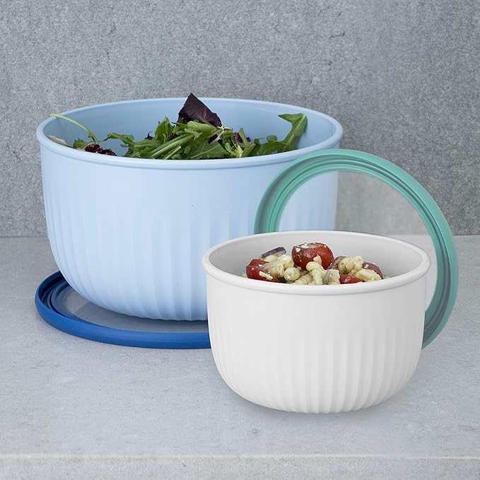 Oggi Prep, Store & Serve Plastic Bowl w/See-Thru Lid- Dishwasher, Microwave & Freezer Safe, (1.4 qt) White/Aqua