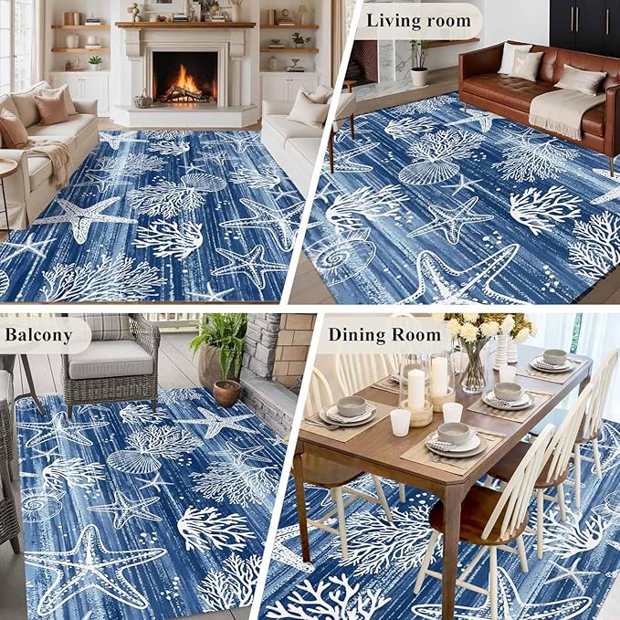 Navy Blue Coastal 8x10 Area Rugs, Ocean Coral Starfish Non-Skid Rubber Backing Large Rectangle Rugs - Living Room Bedroom Home Office, Summer Beach Indoor Floor Mat Carpets Washable Rug