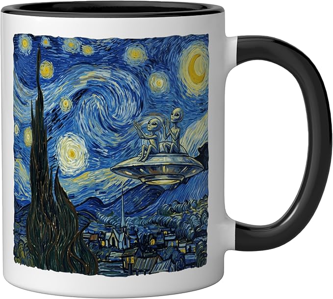 Aliens Saucer UFO Extraterrestrial Fun Starry Night Van Gogh Ceramic Mug, Black/White