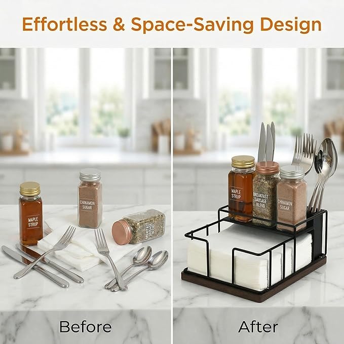 Napkin Holder for Table, 3-in-1 Wood & Metal Utensil Caddy, Cutlery Organizer & Spice Rack for Kitchen Counter, Dining, Outdoor Patio (Black)
