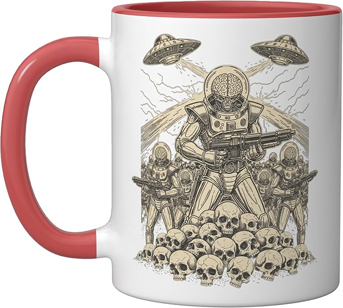Alien Brain Soldier Retro Sci Fi Saucer Art Ceramic Mug, Red/White