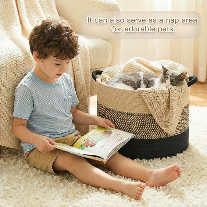 Artfeel 40L Large Cotton Rope Basket, Decorative Woven Blanket Storage for Living Room, Boho Toy Storage & Toy Box for Kids, Versatile Laundry Basket & Nursery Hamper for Blankets(BlackBrown)