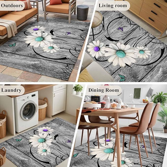 Area Rug 4x6ft, Farm Daisy Shabby Wood Grain Washable Rugs for Living Room Bedroom, Vintage Flower Plant Butterfly Soft Non-Slip Area Rugs Rectangle Floor Carpet for Dining Room