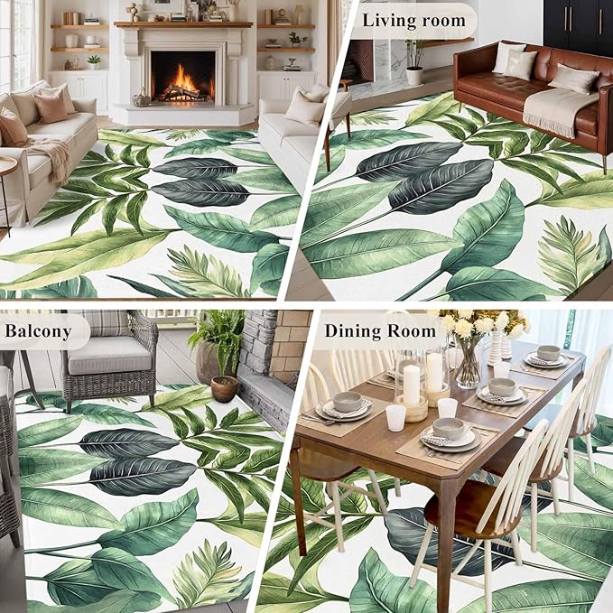 Area Rug 6x9ft, Summer Green Tropical Palm Leaves Washable Rugs for Living Room Bedroom, Watercolor Plant Soft Non-Slip Area Rugs Rectangle Floor Carpet for Dining Room