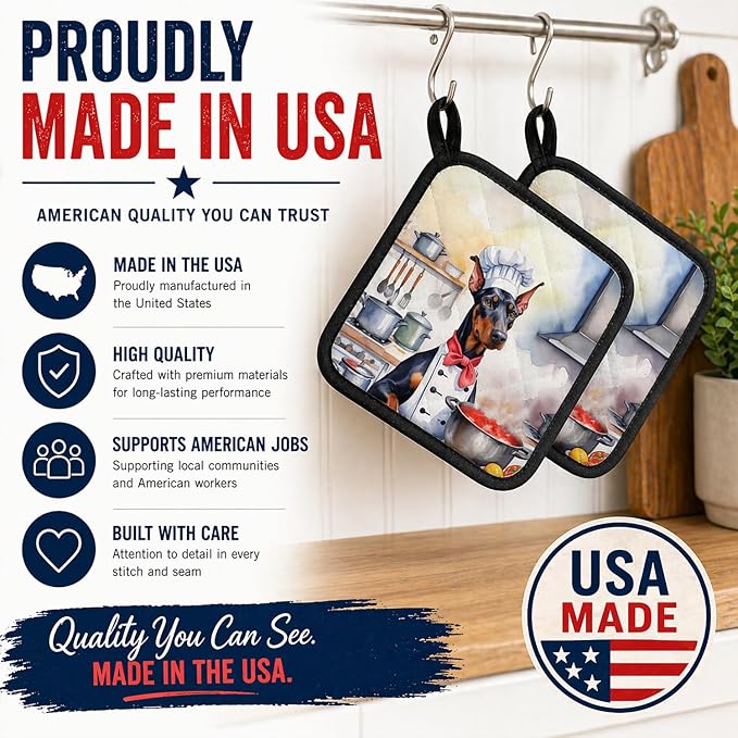 Caroline's Treasures Doberman Pinscher The Chef Pair of Pot Holders Kitchen Heat Resistant Pot Holders Sets Oven Hot Pads for Cooking Baking BBQ, 7 1/2 x 7 1/2