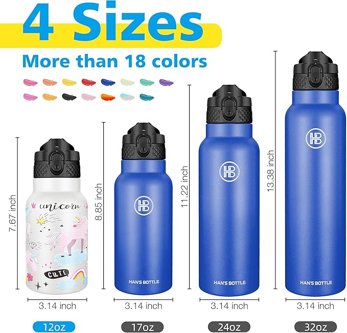 Han's Bottle Kids Water Bottle with Straw Lid - Insulated Stainless Steel Reusable Tumbler for Girls,Boys,Thermo Mug,12oz,Unicorns Girl
