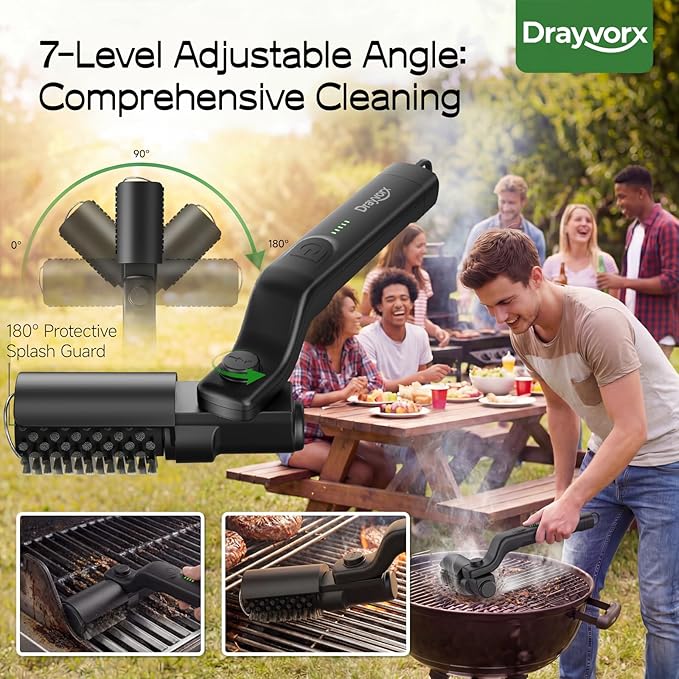 Electric Grill Brush, High Torque Grill Brush with 3-Speed Modes, 20kg Max Torque BBQ Cleaner Safe for Porcelain Cast Iron Stainless Steel, Reinforced Steel Bristles, Type-C Rechargeable