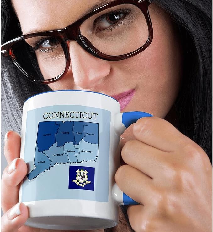 3dRose Flag and map of the state of Connecticut with counties labeled 11oz Two-Tone Blue Mug