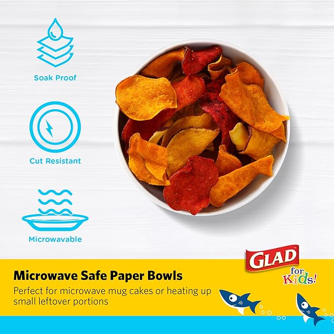 Glad for Kids Shark Paper Snack Bowls, Lids Not Included - Heavy Duty, Soak-Proof, Microwavable Kid-Friendly Disposable Snack Cups, No Lids Included, 12 Ounce, 20 Count
