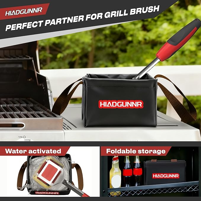 Grill Brush Bristle Free with Collapsible Bucket, BBQ Grill Cleaning Brush for Outdoor with Replaceable Head and Scraper, Safe Non-Metallic Bristles for Cast Iron or Stainless-Steel Grill Tools