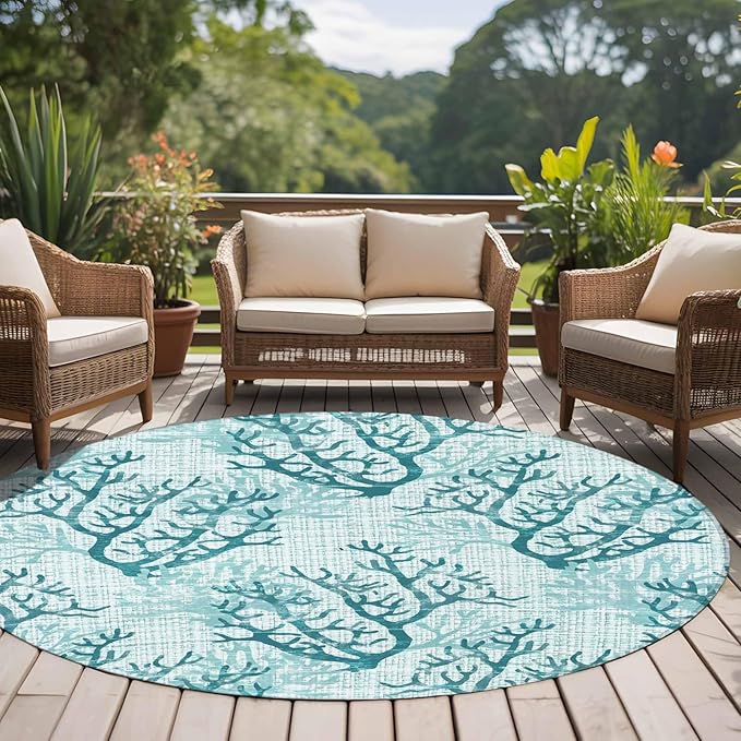 Washable Round Area Rug Coastal Sea Coral Retro Linen Circle Rugs Floor Carpet for Living Room Bedroom, Underwater Ocean Life Soft Non Slip Round Rug 5ft