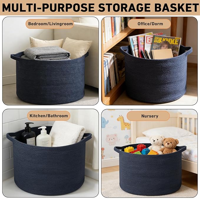 90L Extra Large Blanket Basket,Woven Rope Laundry Basket Hamper with Handles, Decorative Nursery Basket Storage Bin for Toys, Clothes Organizer, Living Room, Bedroom, Bathroom, Dark Blue