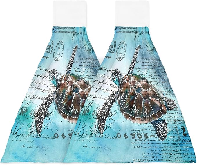 Alandar Home Kitchen Tie Towel Set of 2, Summer Watercolor Ocean Turtle Absorbent Soft Hand Towels for Bathroom Hanging Towels, Retro Stamp Letter Texture on Blue Fast Drying Cleaning Cloth with Loop