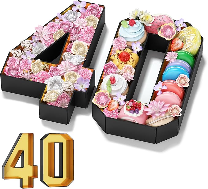 40 Cardboard Numbers for Charcuterie Numbers Fillable 13.8'' Black Gold Paper Mache Number Shaped Cupcake Pans Board Box Trays Container for Food Candy 40th Birthday Party Decorations Anniversary