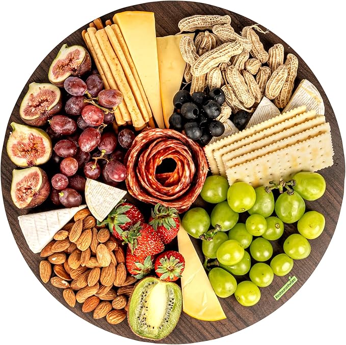 Restaurantware Cater Tek 13.8 Inch Charcuterie Boards 10 Faux Wood Cheese Boards - Round Stackable Dark Paper Cardboard Charcuterie Boards Disposable For Serving At Catered Events