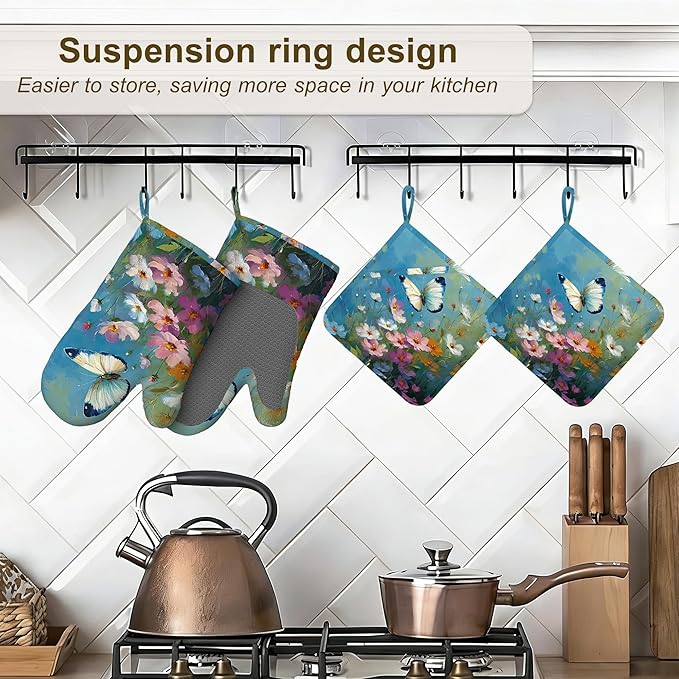 Oil Painting Wild Flowers Butterfly Oven Mitts and Pot Holders Set of 4, Heat Resistant Non Slip Kitchen Gloves Hot Pads,Chef Cooking Baking Gifts for Women Bakers,Kitchen Cooking Lover Cooks